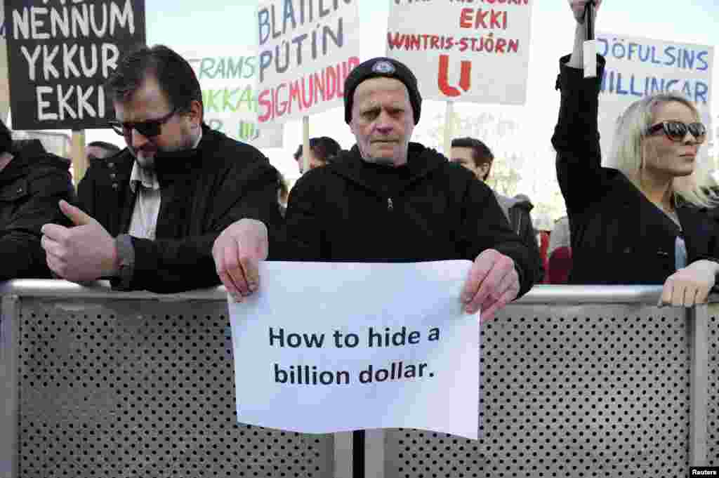 People demonstrate against Iceland&#39;s Prime Minister Sigmundur Gunnlaugsson in Reykjavik, Iceland, April 4, 2016, after a leak of documents by so-called Panama Papers stoked anger over his wife owning a tax haven-based company with large claims on the country&#39;s collapsed banks. Gunnlaugsson became the first major casualty of the Panama Papers revelations, stepping down after leaked files.