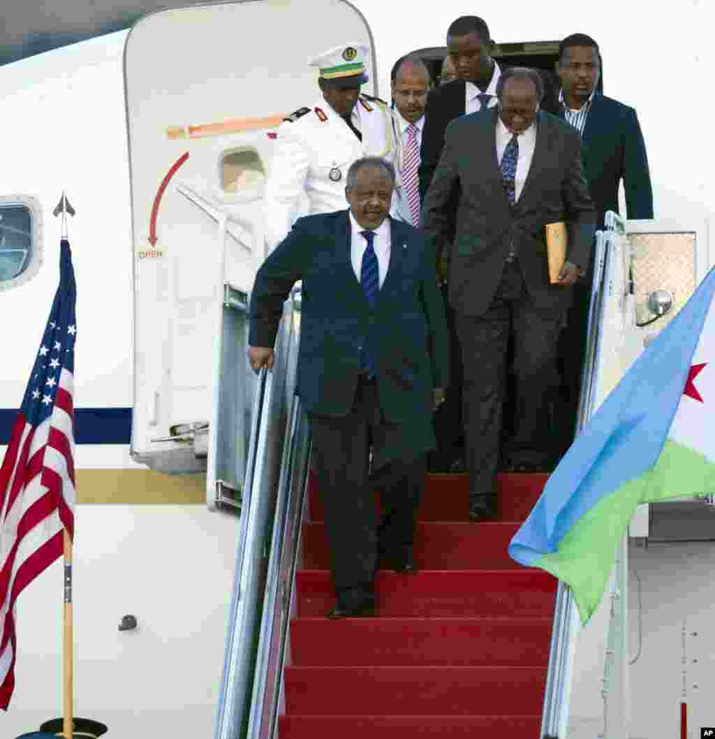 Djibouti President Ismail Omar Guelleh arrives in the U.S to attend the U.S.- Africa Leaders Summit, at Andrews Air Force Base, Maryland, Aug. 3, 2014.