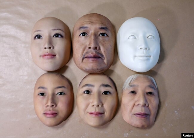 Super-realistic face masks are displayed at factory of REAL-f Co. in Otsu, western Japan, Nov. 15, 2018.
