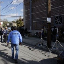 Movie crew members on a set in New Orleans, Louisiana