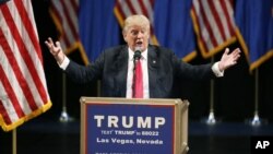 Capres Partai Republik, Donald Trump berbicara dalam acara kampanye di Las Vegas, Nevada, Sabtu (18/6).