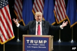 FILE - Republican presidential candidate Donald Trump speaks at the Treasure Island hotel and casino, in Las Vegas, June 18, 2016.