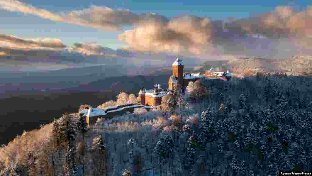 This aerial photograph shows the Haut-Koenigsbourg castle in Orschwiller, eastern France, after the first snowfalls on the Vosges peaks.