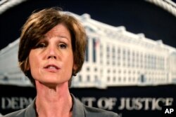 FILE - Then deputy attorney general Sally Yates speaks during a news conference at the Justice Department in Washington, June 28, 2016. A Washington Post report says the Trump administration tried to block Yates from testifying earlier this week at a hearing related to the Russia investigation.