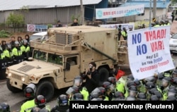 A U.S. military vehicle which is a part of Terminal High Altitude Area Defense (THAAD) system arrives in Seongju, South Korea, April 26, 2017.