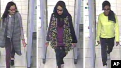 FILE - In this three image combo of stills taken from CCTV issued by the Metropolitan Police in London on Feb. 23, 2015, Kadiza Sultana, 16, left, Shamima Begum,15, center and 15-year-old Amira Abase going through security at Gatwick airport, before they 