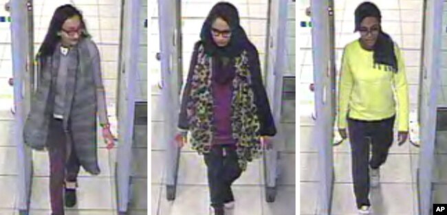 FILE - In this three image combo of stills taken from CCTV issued by the Metropolitan Police in London on Feb. 23, 2015, Kadiza Sultana, 16, left, Shamima Begum,15, center and 15-year-old Amira Abase going through security at Gatwick airport.