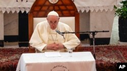 Pope Francis delivers his speech during a meeting with bishops and priests, at the Sayidat al-Nejat (Our Lady of Salvation) Cathedral, in Baghdad, Iraq, Friday, March 5, 2021. (AP Photo/Andrew Medichini)