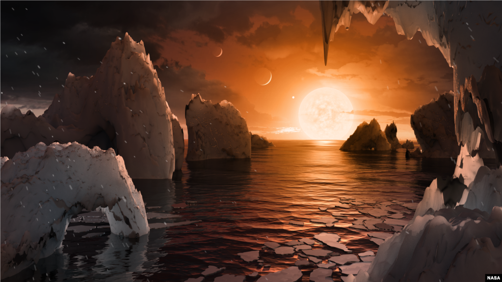미국과 영국 등 국제공동 연구진이 거대 지상망원경과 미 항공우주국(NASA)의 스피처 우주망원경으로 태양계 바깥을 관측하다 태양계와 꼭 닮은 TRAPPIST-1 행성계를 발견했다. 태양 주변을 지구를 포함한 행성들이 돌고 있는 것처럼 이 행성계에서도 TRAPPIST-1 주위를 7개 행성이 공전하고 있다. 행성들 가운데 하나인 TRAPPIST-1f 표면 상상도.
