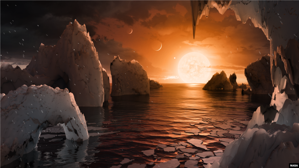 Esta ilustração da NASA, a agência espacial americana, mostra a possível superfície do TRAPPIST-1f, um dos planetas recentemente descobertos no sistema TRAPPIST-1. Os cientistas têm usado o Telescópio Spitzer Space e outros telescópios com os quais descobriram que existem sete planetas do tamanho da terra naquele sistema.