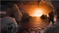 This illustration shows the possible surface of TRAPPIST-1f, one of the newly discovered planets in the TRAPPIST-1 system. Scientists using the Spitzer Space Telescope and ground-based telescopes have discovered that there are seven Earth-size planets in