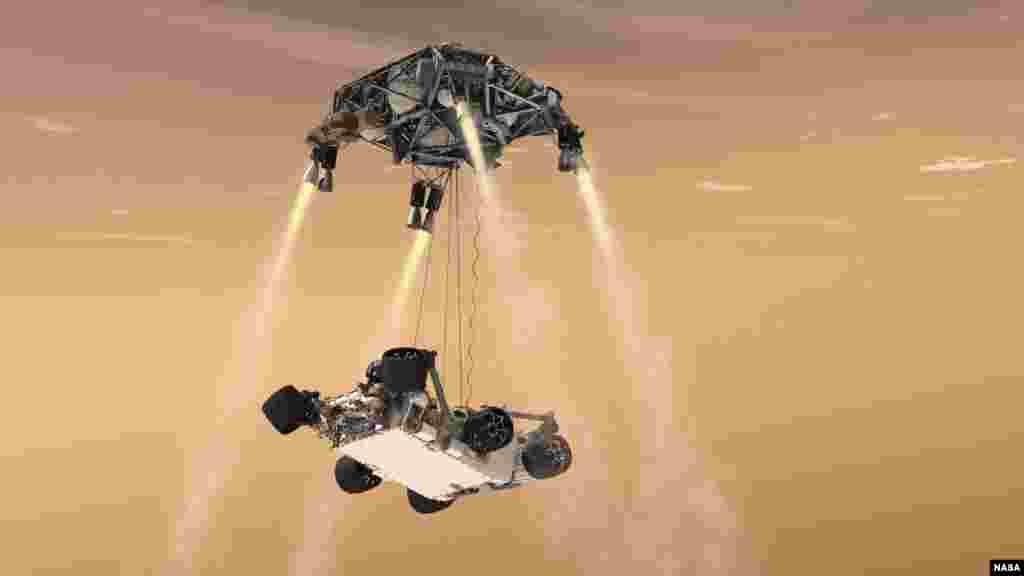 Though unable to test their rover’s entire landing system under Martian conditions, mission engineers at NASA’s Jet Propulsion Laboratory safely and precisely placed the Curiosity rover on the surface of Mars. (NASA/JPL-Caltech)