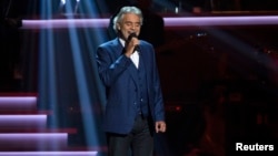 Singer Andrea Bocelli performs "I Just Called To Say I Love You" during the taping of "Stevie Wonder: Songs In The Key Of Life - An All-Star Grammy Salute" concert at Nokia Theatre in Los Angeles, California, Feb. 10, 2015.