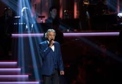 FILE - Singer Andrea Bocelli performs "I Just Called To Say I Love You" during the taping of "Stevie Wonder: Songs In The Key Of Life - An All-Star Grammy Salute" concert at Nokia Theatre in Los Angeles, California, Feb. 10, 2015.