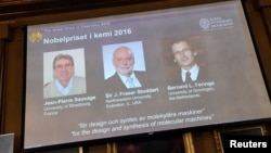 Pictures of the winners of the 2016 Nobel Chemistry Prize: Jean-Pierre Sauvage, J Fraser Stoddart and Bernard L Feringa are displayed on a screen during a news conference by the Royal Swedish Academy of Sciences in Stockholm, Sweden, Oct. 5, 2016. 