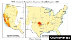 This USGS map displays the potential to experience damage from a natural or human-induced earthquake in 2016. Chances range from less than one percent to 12 percent. (USGS)