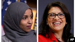 FILE - This combination of 2018 photos shows then-Representatives-elect Ilhan Omar, Democrat-Minnesota, left, and Rashida Tlaib, Democrat-Michigan, in Washington.