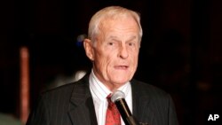 FILE - Grant Tinker, co-founder of MTM Enterprises and a former NBC chairman, delivers a speech in Beverly Hills, California, Dec. 14, 2006. Tinker died Nov. 28, 2016, at his home in Los Angeles.