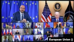 Video conference of the members of the European Council und US President Joe Biden.
