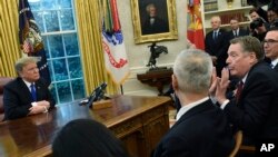 President Donald Trump, left, listens as U.S. Trade Representative Robert Lighthizer, second from right, talks with Chinese Vice Premier Liu He, second from left, during their meeting in the Oval Office of the White House in Washington, Feb. 22, 2019. 