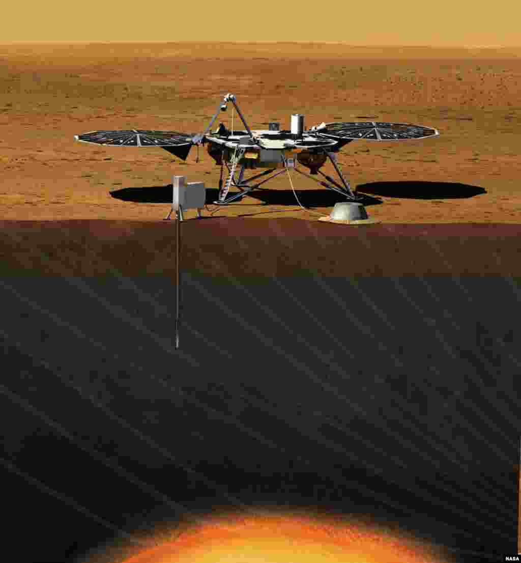 H&igrave;nh minh họa về xe InSight được đề nghị. Sau khi di chuyển khắp Sao Hỏa bằng bốn xe thăm d&ograve;, NASA muốn nh&igrave;n s&acirc;u v&agrave;o b&ecirc;n trong h&agrave;nh tinh đỏ n&agrave;y.
