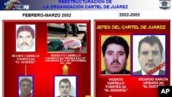 In this hand out photo released by the Attorney General's office, captured suspect Ricardo Garcia Urquiza, pictured right, and Vicente Carrillo Fuentes leader of Cartel de Juarez, second right are shown. 