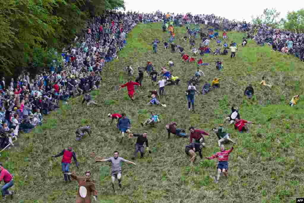 Competitors tumble down Coopers Hill in pursuit of a round Double Gloucester cheese during the annual cheese rolling and wake near the village of Brockworth near Gloucester in western England. With a disputed history dating back to at least the 1800s, the annual Cooper&#39;s Hill Cheese Rolling involves hordes of fearless competitors chasing an eight-pound Double Gloucester cheese down a steep hill.