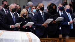 President Joe Biden, first lady Jill Biden, former President Barack Obama, former first lady Michelle Obama, former President George W. Bush stand during a funeral service for former Secretary of State Colin Powell, Washington National Cathedral.