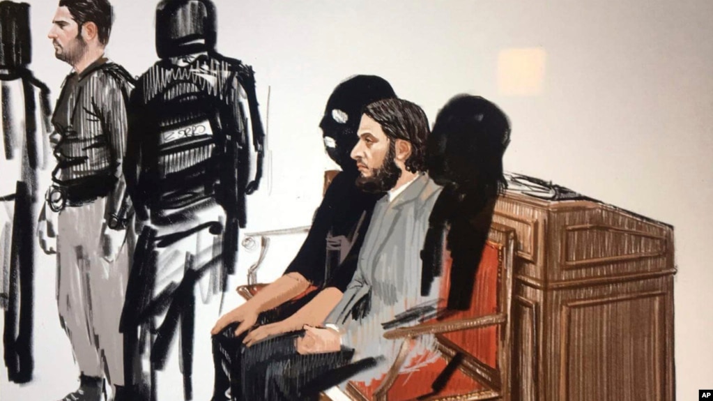 In this courtroom sketch, Salah Abdeslam, right, and Soufiane Ayari, left, appear at the Brussels Justice Palace in Brussels on Monday, Feb. 5, 2018. 