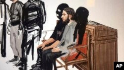 In this courtroom sketch, Salah Abdeslam, right, and Soufiane Ayari, left, appear at the Brussels Justice Palace in Brussels on Monday, Feb. 5, 2018. 