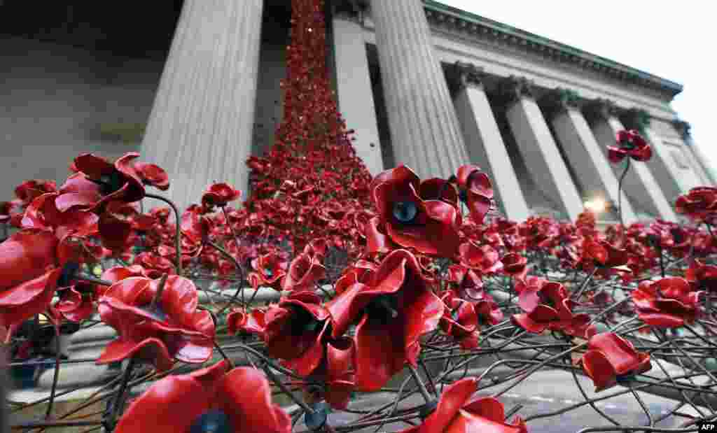 The Weeping Window poppy installation by artist Paul Cummins and designer Tom Piper is seen at St. George&#39;s Hall in Liverpool, northwest England. Liverpool is hosting the installation presented by 14-18 NOW, the national organizers of the First World War Centenary Cultural Program.