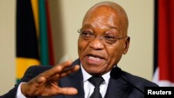FILE - South Africa's President Jacob Zuma gestures during a media briefing.