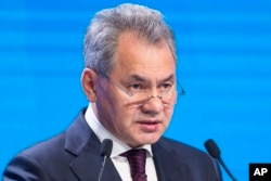 FILE - Russian Defense Minister Sergei Shoigu speaks at an international security conference in Moscow, April 27, 2016. Terrorism was the theme of the annual conference held in the Russian capital over two days.