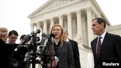 Abigail Fisher, the plaintiff in Fisher v. Texas, speaks outside the U.S. Supreme Court in Washington, Dec. 9, 2015.