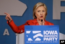 Democratic presidential candidate Hillary Rodham Clinton speaks during the Iowa Democratic Party's Hall of Fame Dinner in Cedar Rapids, Iowa, July 17, 2015.