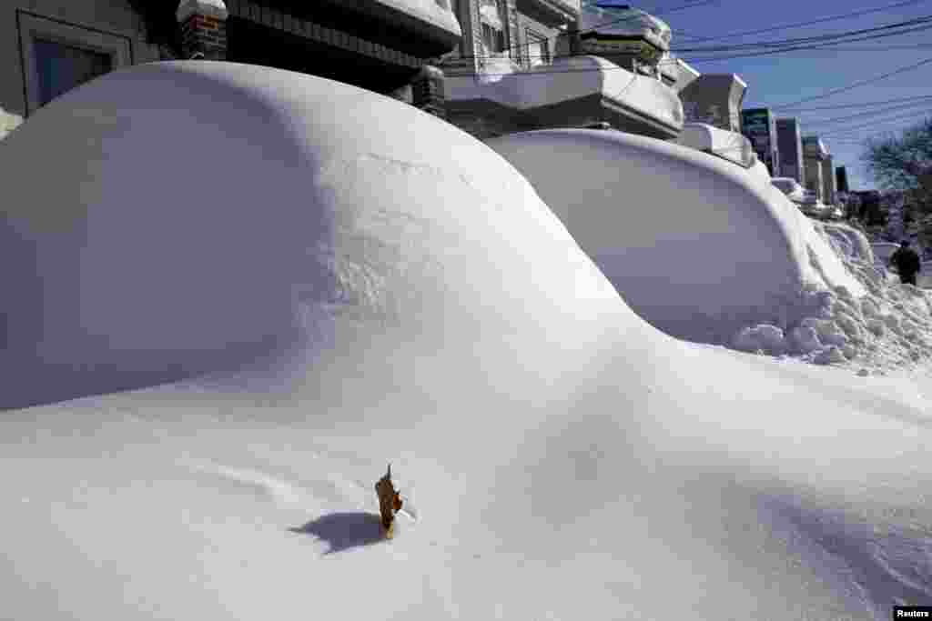 Cars are buried in snow in Union City, New Jersey, across the Hudson River from Midtown Manhattan, after the second-biggest winter storm in New York history.