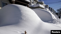 Cars sit buried in snow in Union City, New Jersey, across the Hudson River from Midtown Manhattan, after the second-biggest winter storm in New York history, January 24, 2016.