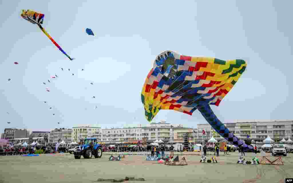 People fly kites in Berck-sur-Mer, northern France, during the 31th International Kite Festival, which runs from April 1 to April 9.