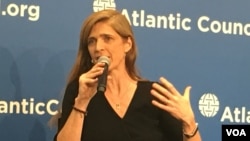 U.S. ambassador to the United Nations, Samantha Power, speaks to the Atlantic Council, Jan. 17, 2017. (S. Herman/VOA News)