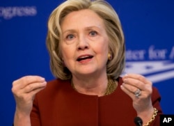 FILE - Former Secretary of State Hillary Rodham Clinton speaks at an event March 23, 2015.