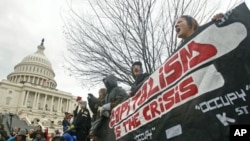 Occupy Congress/DC protesters hold a banner in front of the U.S. Capitol during a rally in Washington, January 17, 2012.