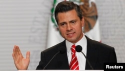 FILE - President Enrique Pena Nieto speaks during the presentation of a telecommunications reform bill in Mexico City, March 11, 2013.