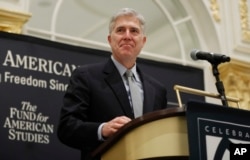 FILE - Supreme Court Justice Neil Gorsuch speaks at the 50th anniversary of the Fund for America Studies luncheon in Washington, Sept. 28, 2017.