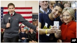 From left, Republican presidential candidate Senator Marco Rubio speaks at the Iowa State University in Ames, Iowa, Jan, 23, 2016; Democratic presidential candidate Hillary Clinton poses for a selfie with a supporter after speaking in West Des Moines, Iowa.