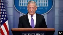 In this Feb. 7, 2018, photo, Defense Secretary Jim Mattis speaks during the daily news briefing at the White House, in Washington.