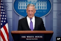 In this Feb. 7, 2018, photo, Defense Secretary Jim Mattis speaks during the daily news briefing at the White House, in Washington.