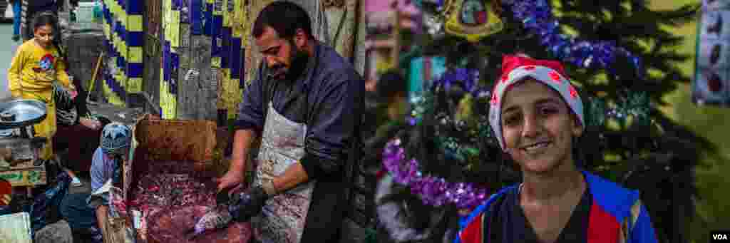 (Gambar Kiri) Nelayan Emad membersihkan kulit ikan nila sebelum menjualnya di lingkungan warga Kristen Koptik di Kota Sampah di timur Kairo, Mesir, 31 Desember 2017. (Gambar Kanan) Adam Samaan, 14 tahun, yang berkerja sebagai pemulung bersama keluarga dan belajar di Kota Sampah di timur Kairo mengatakan &#39;Ibuku akan memasak ikan untuk kami setelah kami kembali dari gereja pada hari itu,&#39; 30 Desember 2017. (H. Elrasam/VOA) 