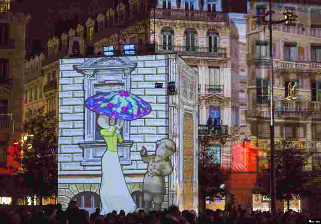 View of &quot;Reves de nuit&quot; installation by artist Damien Fontaine during the Festival of Lights in central Lyon, France.&nbsp; The Fetes des Lumieres, showcasing designers from all over the world, runs from Dec. 5-Dec. 8, 2014.