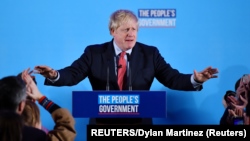 Britain's Prime Minister Boris Johnson speaks during a Conservative Party event following the results of the general election in London, Britain, December 13, 2019.