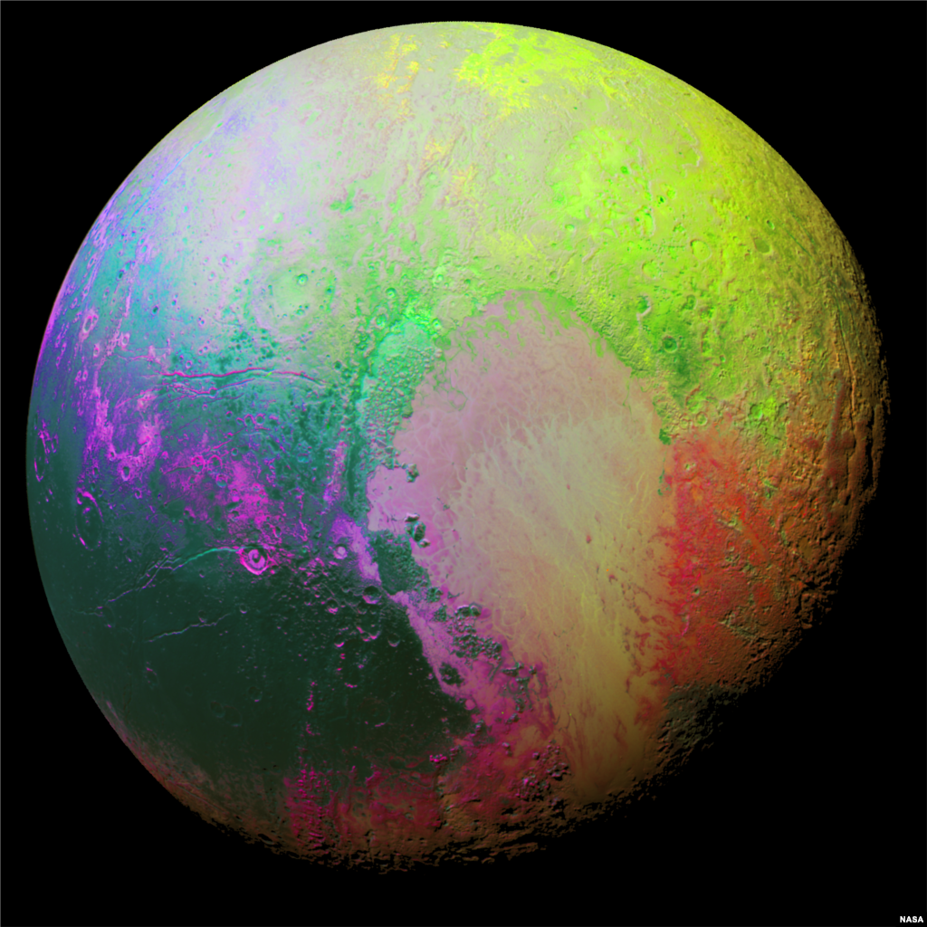 New Horizons scientists made this false color image of Pluto using a technique called principal component analysis to highlight the many subtle color differences between Pluto's distinct regions. The image data were collected by the spacecraft’s Ralph/MVIC color camera on July 14 at 11:11 AM UTC, from a range of 22,000 miles (35,000 kilometers). (Image Credit: NASA/JHUAPL/SwRI)